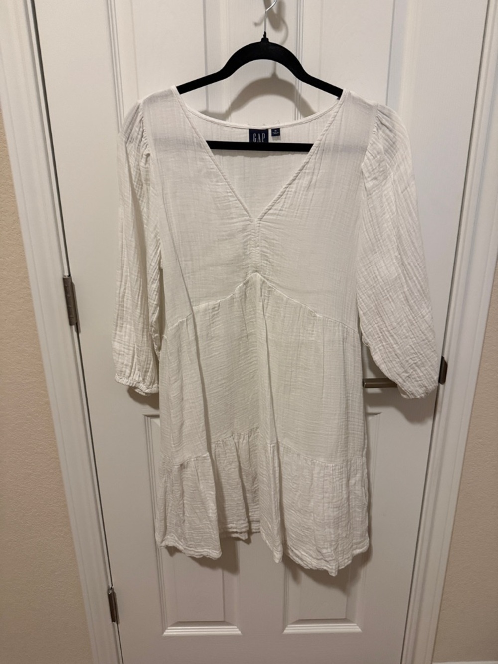 GAP White V-Neck Tiered Gauze Mini Dress